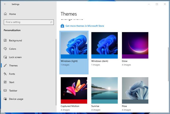 Screenshot of Windows Settings Themes page