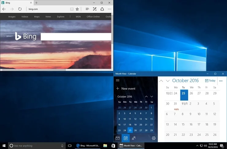 Windows 10 desktop with Bing search, taskbar icons, and October 2016 calendar widget